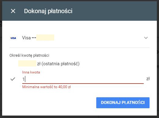minimalna kwota wpłaty Google Ads