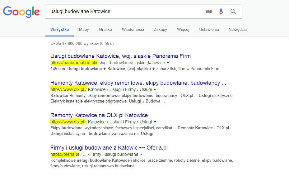 Przykład pozycjonowania się dużych fraz na frazy związane z Katowicami.