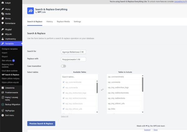 Testujemy wtyczkę wtyczkę Search & Replace Everything od WPCode