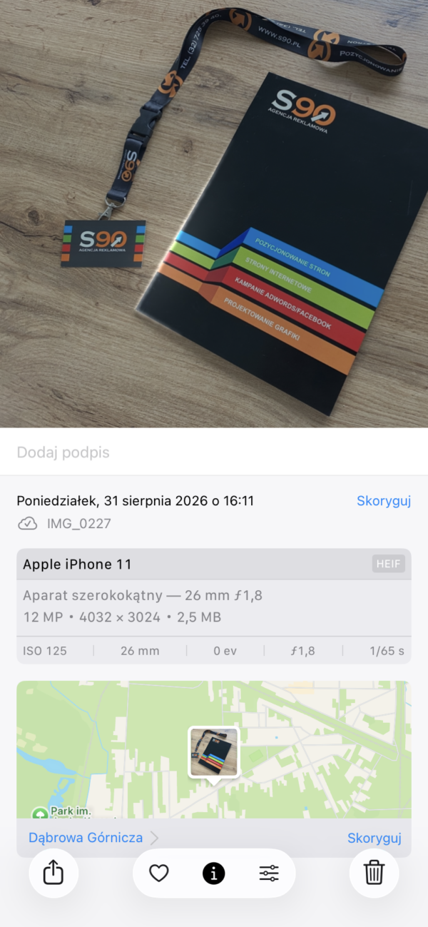 Zdjęcie HEIC wykonane iPhone’em 11 oraz&nbsp;parametry pliku 4032 × 3024 px i&nbsp;2,5 MB.